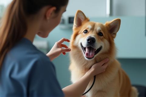 Happy dog receiving a checkup from a veterinarian